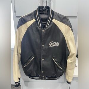 Vintage Guess Leather Jacket Men's 90's Button Down Bomber Spell Out Size Small